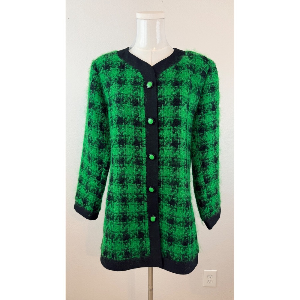 Vintage Green Black Fuzzy Plaid Mohair Button Front Cardigan Jacket Size Large